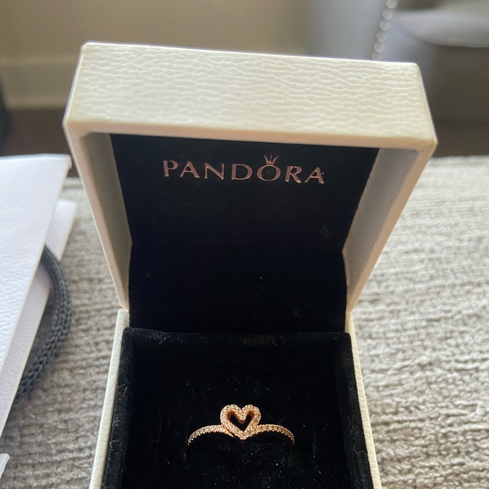 Authentic Sparkling Wishbone Heart Ring- Rose Gold